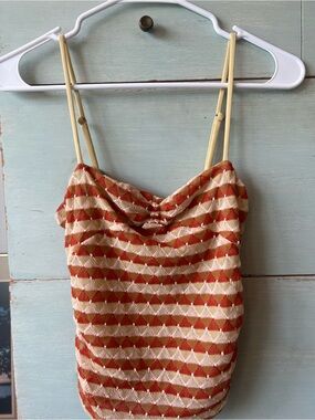 Free People Cream and Rust Geometric Knit Tank Top
